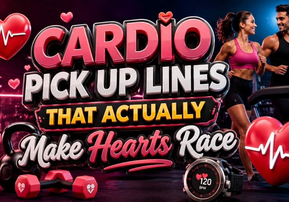 Cardio Pick Up Lines That Actually Make Hearts Race featuring 3D heart icons, fitness couple running, cardio workout equipment, heartbeat graphics, and bold 3D typography on a vibrant gym background.