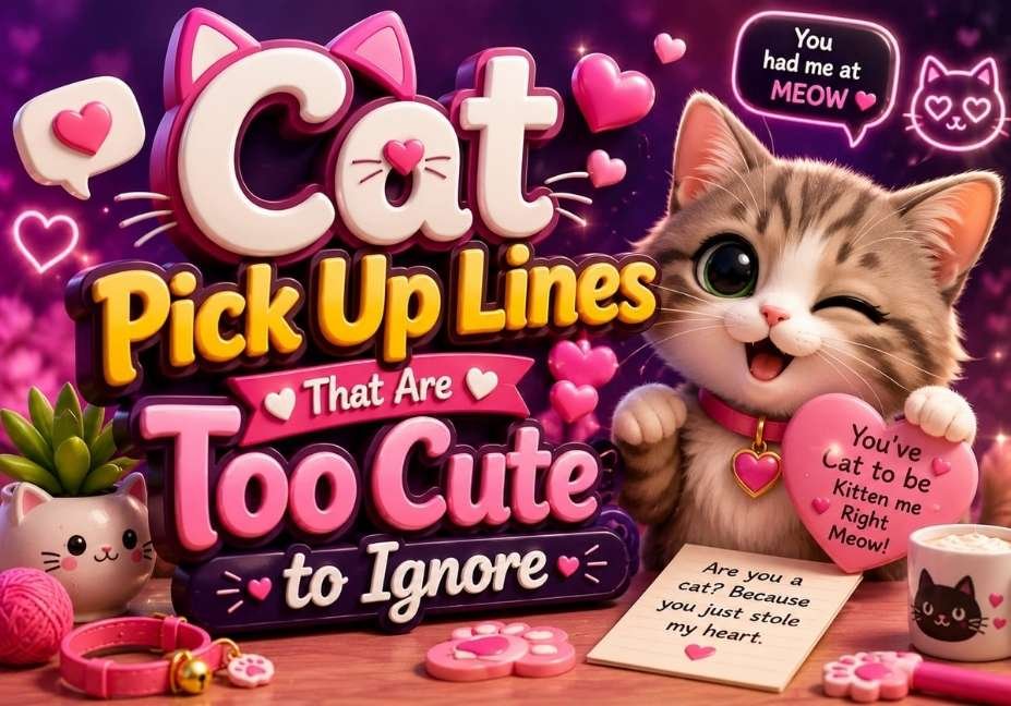 "Cat Pick Up Lines That Are Too Cute to Ignore 3D illustrated thumbnail featuring an adorable kitten, romantic hearts, paw prints, yarn ball, cat mug, and bold 3D text on a vibrant pink and purple background in 16:9 format."