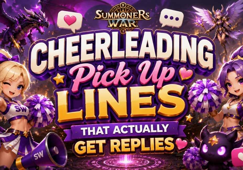 Cheerleading Pick Up Lines That Actually Get Replies featured image with bold 3D text, fantasy cheerleaders, Summoners War-style background, dragon, magical arena, pom-poms, hearts, and gaming icons in a vibrant 16:9 design.