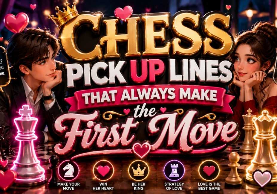 Chess Pick Up Lines That Always Make the First Move – High-quality 3D romantic chess-themed illustration featuring a stylish couple flirting across a chessboard, bold glossy typography, king and queen chess pieces, glowing hearts, romantic speech bubbles, and premium gold accents in a vibrant 16:9 banner design.