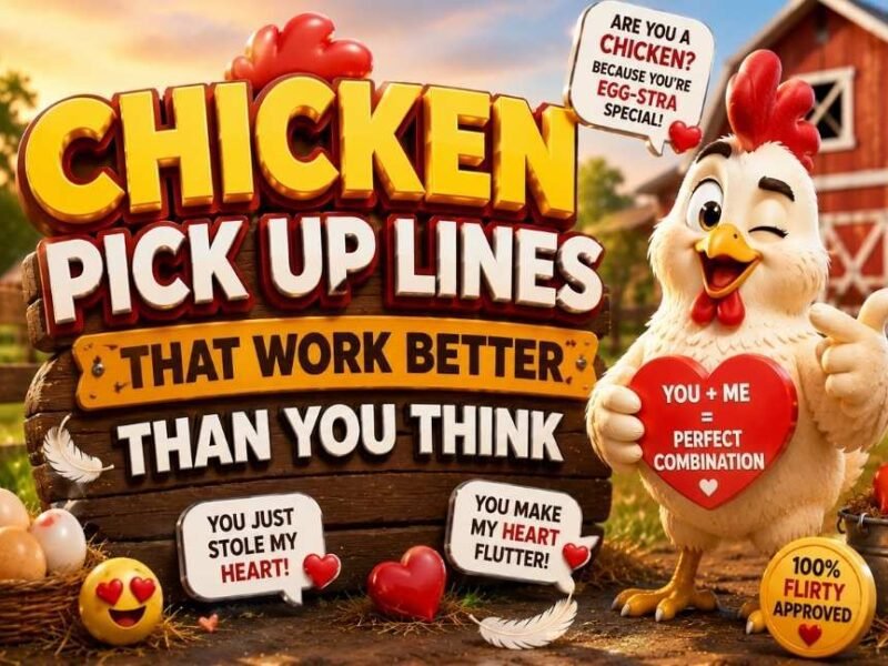 Chicken Pick Up Lines That Work Better Than You Think featured image with bold 3D text, realistic chicken, rustic farm background, barn, eggs, feathers, hearts, and romantic farm-themed icons in a professional 16:9 design.