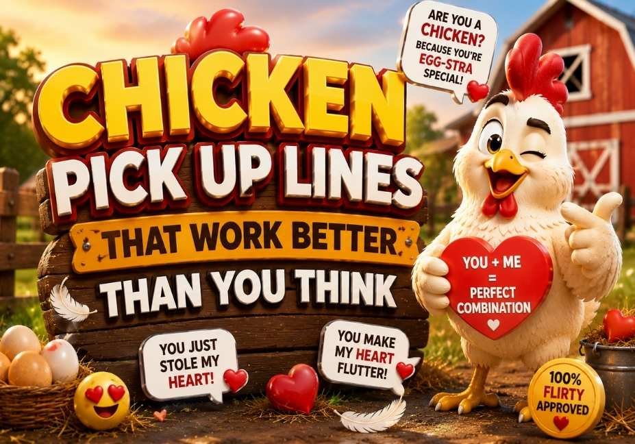 Chicken Pick Up Lines That Work Better Than You Think featured image with bold 3D text, realistic chicken, rustic farm background, barn, eggs, feathers, hearts, and romantic farm-themed icons in a professional 16:9 design.