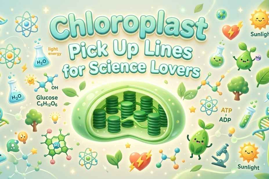 Chloroplast pick up lines for science lovers — cute biology-themed cover graphic with ATP, glucose, and sunlight icons