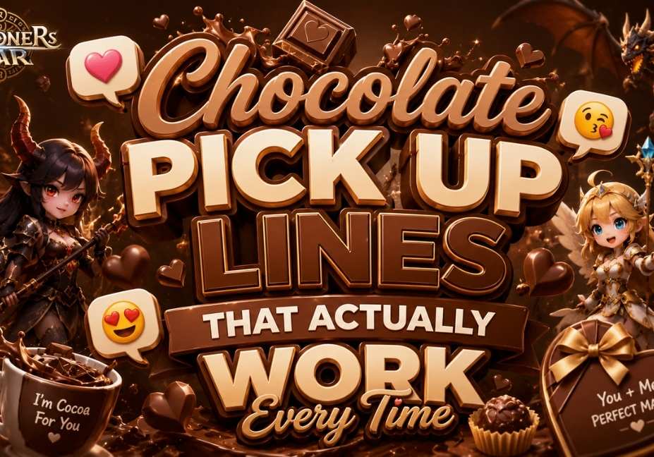 Chocolate Pick Up Lines That Actually Work Every Time featured image with chocolate-themed 3D text, fantasy Summoners War-style background, magical heroes, dragon, chocolate hearts, candy, and romantic gaming icons in a 16:9 design.