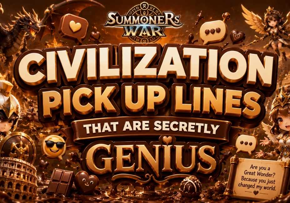 Civilization Pick Up Lines That Are Secretly Genius featured image with chocolate-themed 3D text, fantasy Summoners War-style background, ancient civilization landmarks, dragon, warrior heroes, hearts, and romantic gaming icons in a cinematic 16:9 design.s