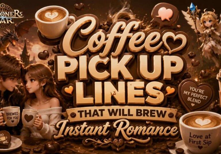 Coffee Pick Up Lines That Will Brew Instant Romance featured image with coffee-themed 3D text, romantic fantasy couple, Summoners War-style background, dragon, angel character, coffee cups, hearts, and cozy café elements in a 16:9 design.
