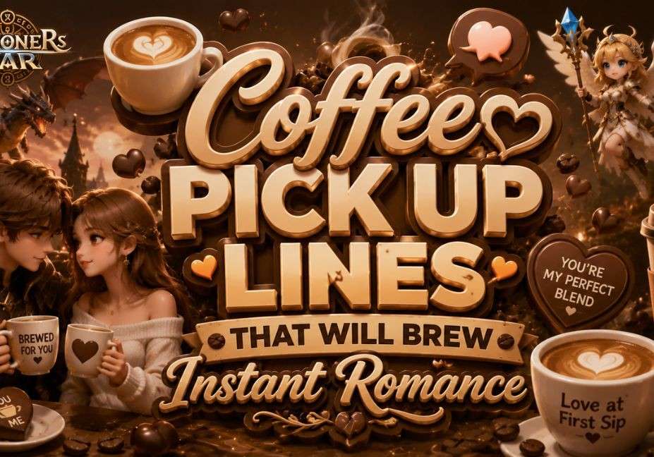 Coffee Pick Up Lines That Will Brew Instant Romance featured image with coffee-themed 3D text, romantic fantasy couple, Summoners War-style background, dragon, angel character, coffee cups, hearts, and cozy café elements in a 16:9 design.