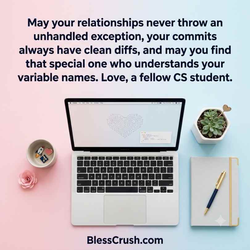 Computer Science Pick Up Lines - flat lay desk setup with laptop heart code and unhandled exception relationship quote
