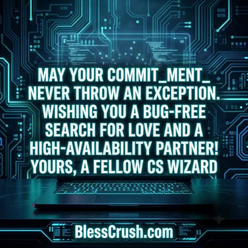 Computer Science Pick Up Lines - laptop on circuit board background with bug-free search for love quote
