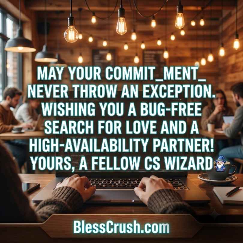 Computer Science Pick Up Lines - person typing in coffee shop with "commitment never throw an exception" quote

