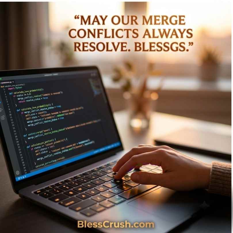 Computer Science Pick Up Lines - hands typing on laptop with "may our merge conflicts always resolve" blessing text
