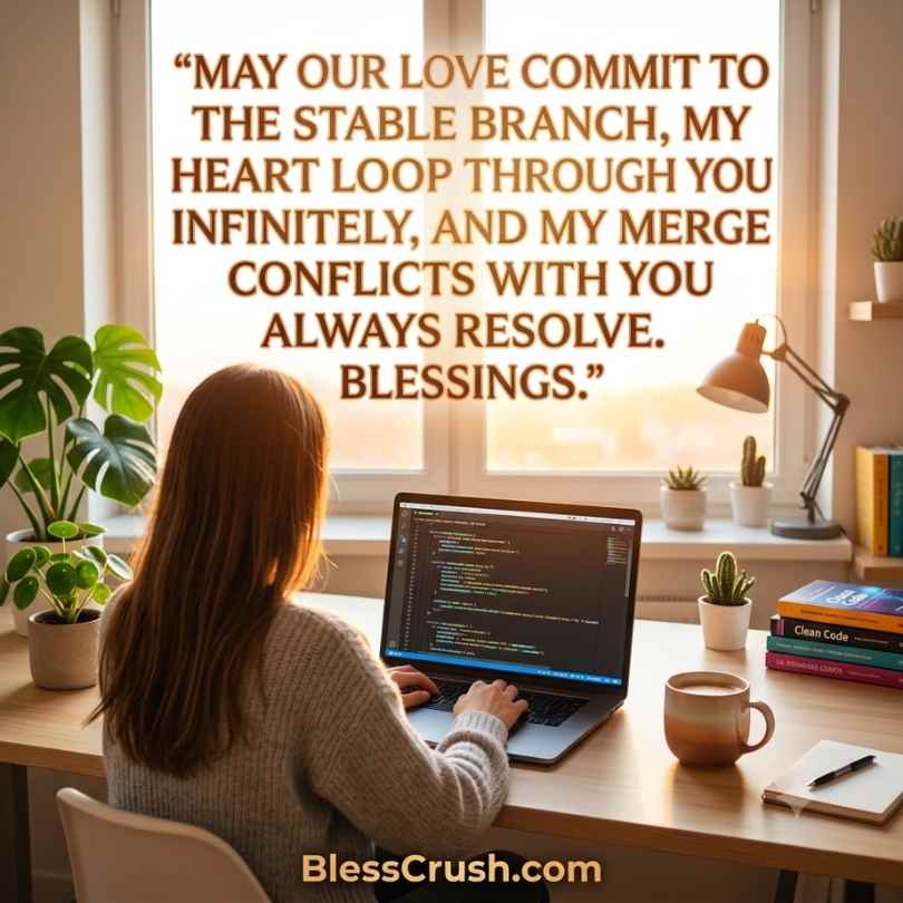 Computer Science Pick Up Lines - woman working on laptop by window with "commit to the stable branch" love quote
