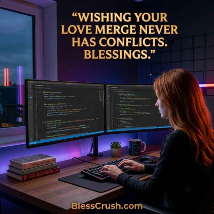 Computer Science Pick Up Lines - woman coding on dual monitors with "wishing your love merge never has conflicts" quote
