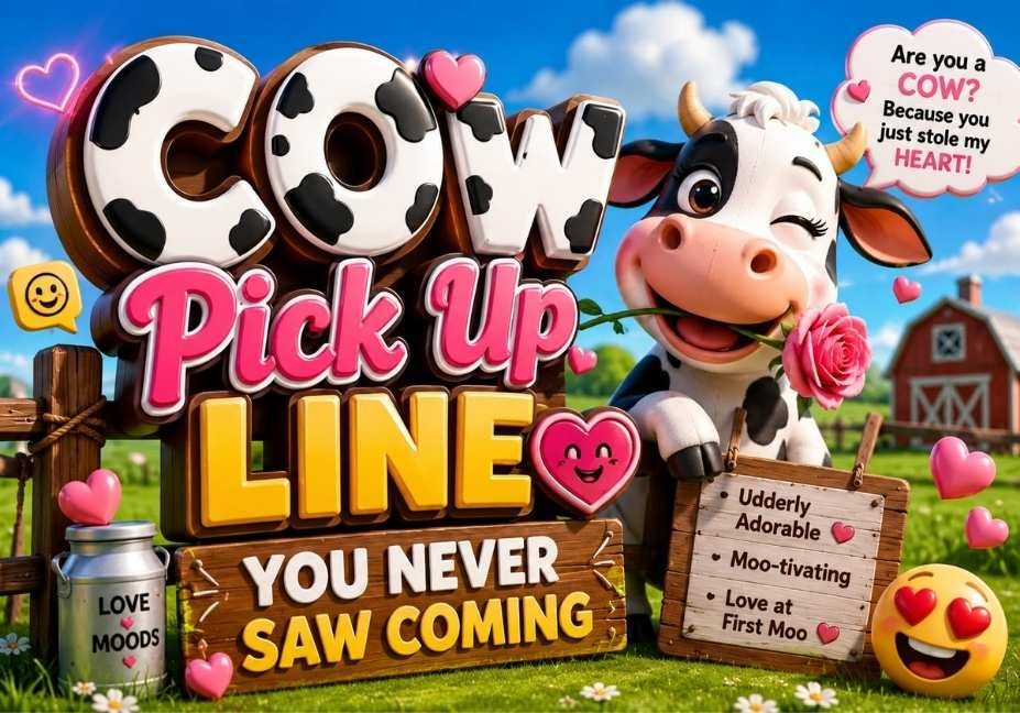"Professional 3D illustrated thumbnail featuring a cute cow with a rose, romantic hearts, farm background, wooden sign, milk can, and bold 3D text 'Cow Pick Up Line You Never Saw Coming' in a colorful 16:9 design."