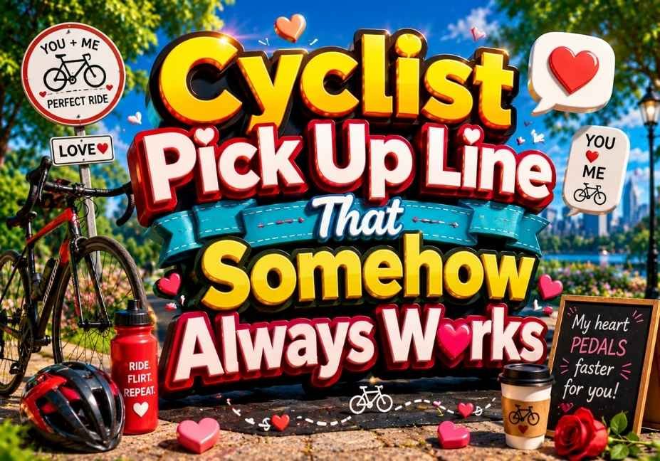 "Colorful 3D cyclist pick up line illustration featuring a road bike, cycling helmet, coffee cup, hearts, rose, romantic signs, and bold typography for 'Cyclist Pick Up Line That Somehow Always Works' on a vibrant park background."