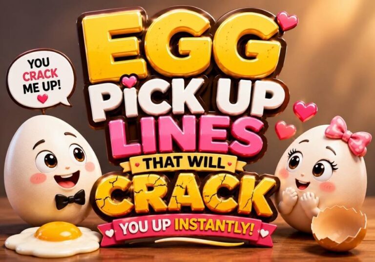 Egg Pick Up Lines That Will Crack You Up Instantly – Clean 3D egg-themed illustration featuring adorable boy and girl egg characters, bold glossy typography, cracked eggshell, fried egg, subtle hearts, and a minimal warm background in a premium 16:9 featured image design.
