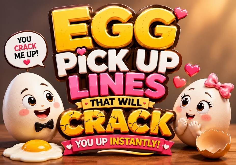 Egg Pick Up Lines That Will Crack You Up Instantly – Clean 3D egg-themed illustration featuring adorable boy and girl egg characters, bold glossy typography, cracked eggshell, fried egg, subtle hearts, and a minimal warm background in a premium 16:9 featured image design.