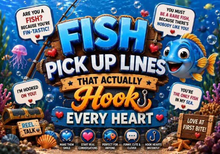 Fish Pick Up Lines That Actually Hook Every Heart featured image with bold blue 3D text, cute fish, underwater ocean background, fishing rod, bubbles, coral reefs, seashells, hearts, and marine-themed icons in a professional 16:9 design.