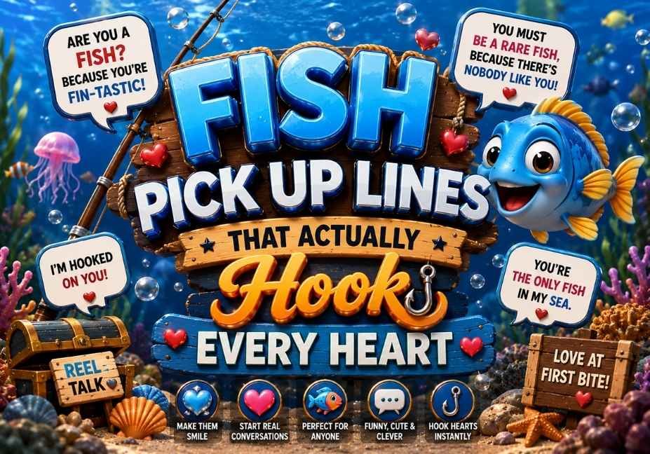 Fish Pick Up Lines That Actually Hook Every Heart featured image with bold blue 3D text, cute fish, underwater ocean background, fishing rod, bubbles, coral reefs, seashells, hearts, and marine-themed icons in a professional 16:9 design.