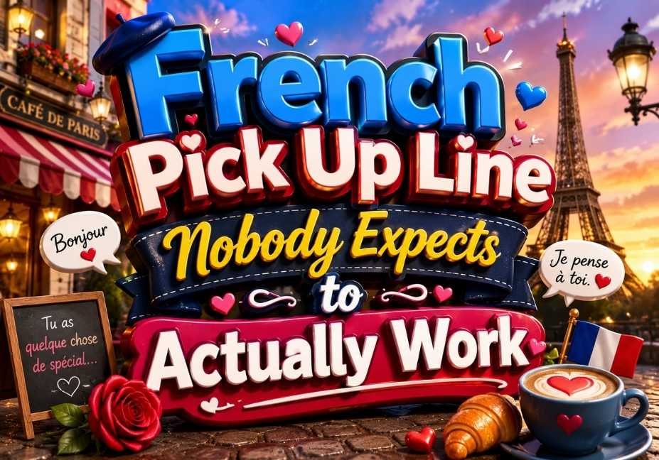 "French pick up line illustration with 3D typography, Eiffel Tower, Paris café, red hearts, rose, croissant, French flag, and romantic icons on a colorful sunset background for a flirting blog post."