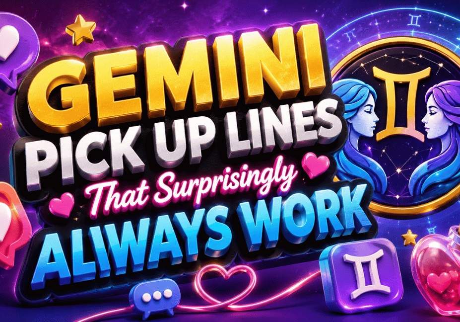 "Colorful 3D illustration for Gemini Pick Up Lines That Surprisingly Always Work featuring the Gemini zodiac symbol, twin constellation, glowing hearts, chat icons, stars, and bold cosmic typography on a purple galaxy background."
