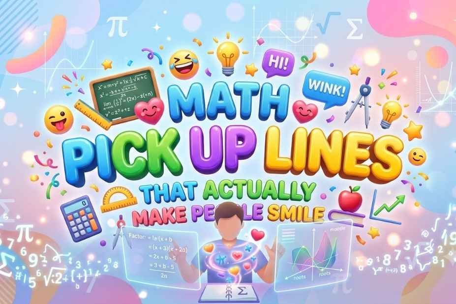 Math pick up lines banner with colorful text, calculator, pi symbol, equations and smiley emojis