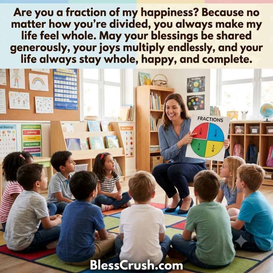 Math pick up lines quote about fractions with teacher showing fraction pie chart to preschool kids