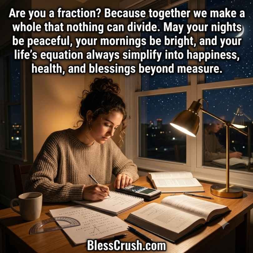 Math pick up lines quote about fraction with woman studying math at night desk with lamp and coffee