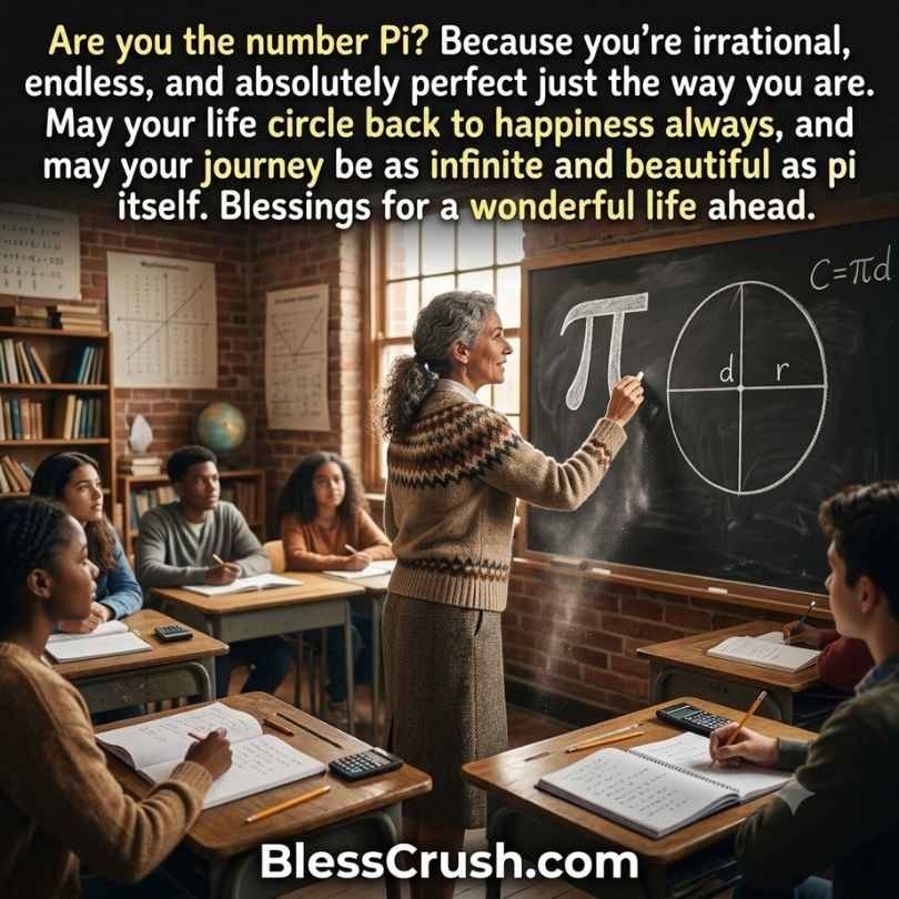 Math pick up lines quote about number Pi with teacher drawing circle and Pi symbol on chalkboard