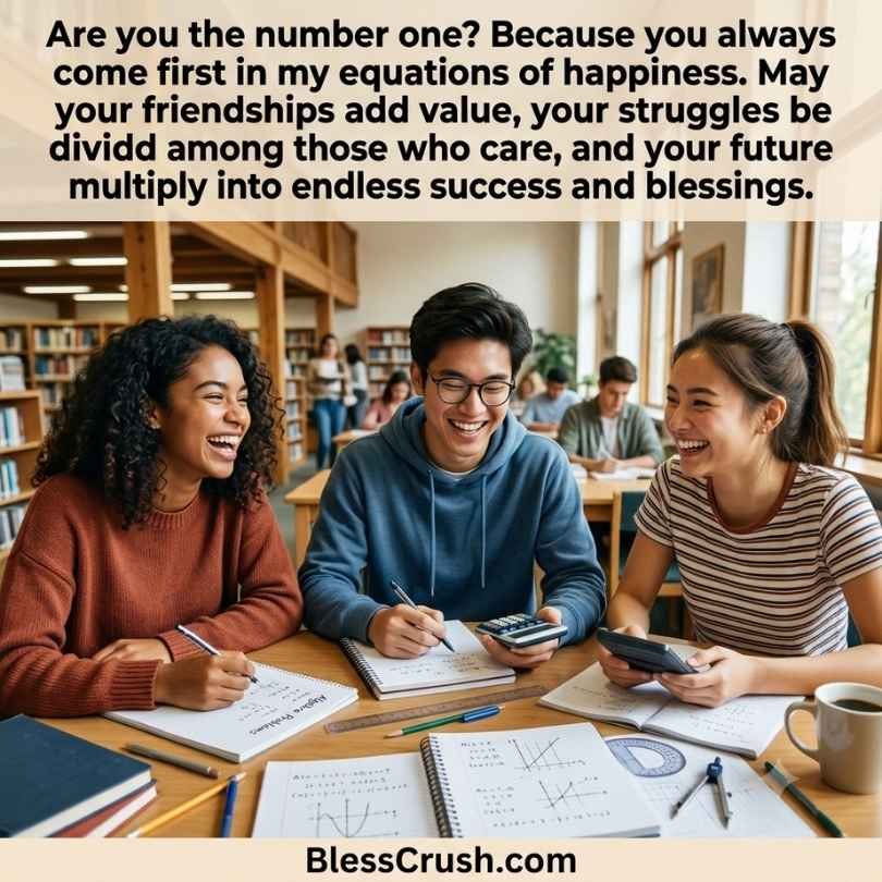 Math pick up lines quote about number one with three friends laughing while studying math in library
