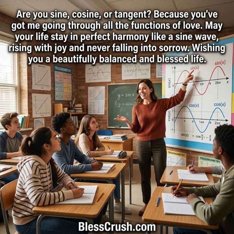 Math pick up lines trigonometry quote about sine cosine tangent with teacher explaining sine wave to students