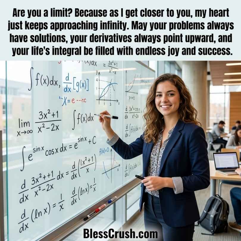 Math pick up lines calculus quote about limits with woman writing equations on whiteboard