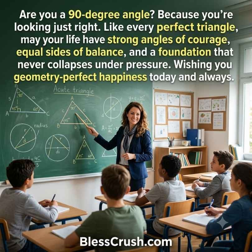 Math pick up lines geometry quote about 90 degree angle with teacher explaining triangles to students