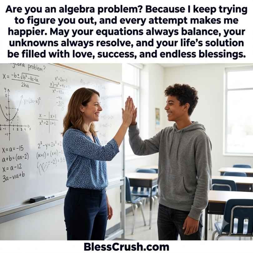 Math pick up lines quote about algebra problem with teacher and student high fiving in classroom