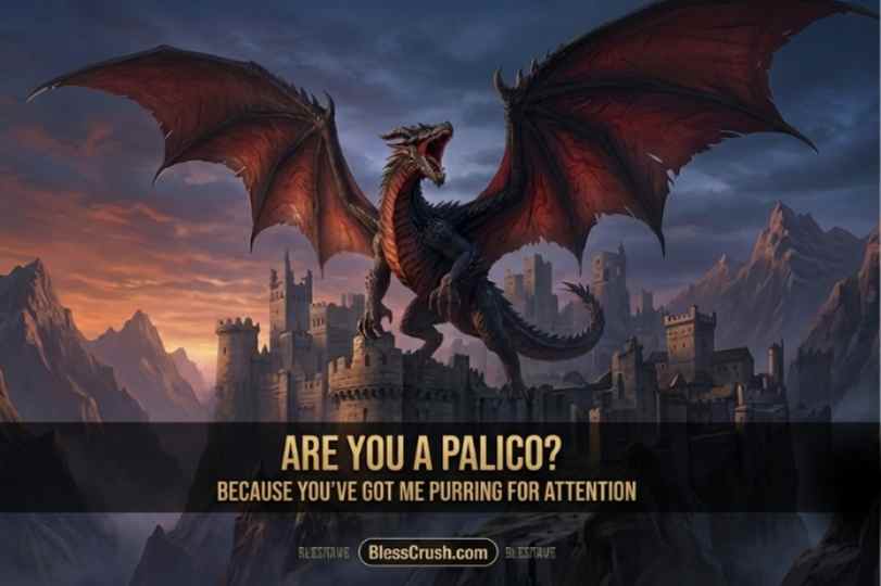 Monster Hunter pick up lines graphic with red dragon perched on castle at sunset