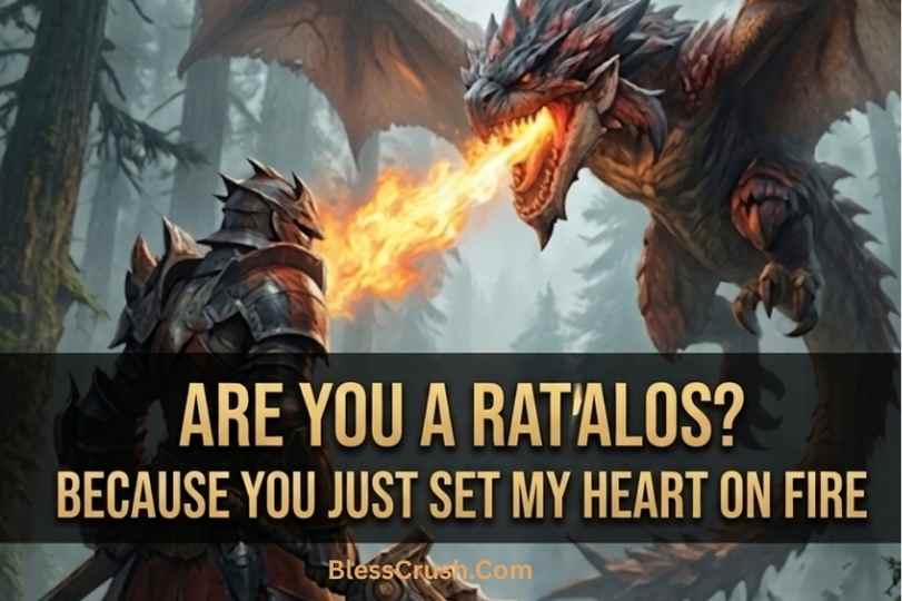 Monster Hunter pick up lines image showing hunter facing fire-breathing dragon in forest