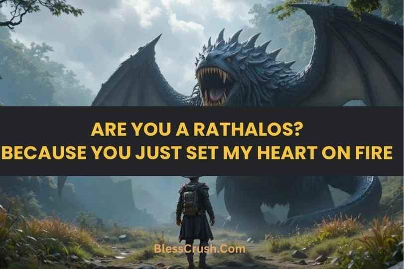 Monster Hunter pick up lines featuring Rathalos dragon breathing fire near hunter