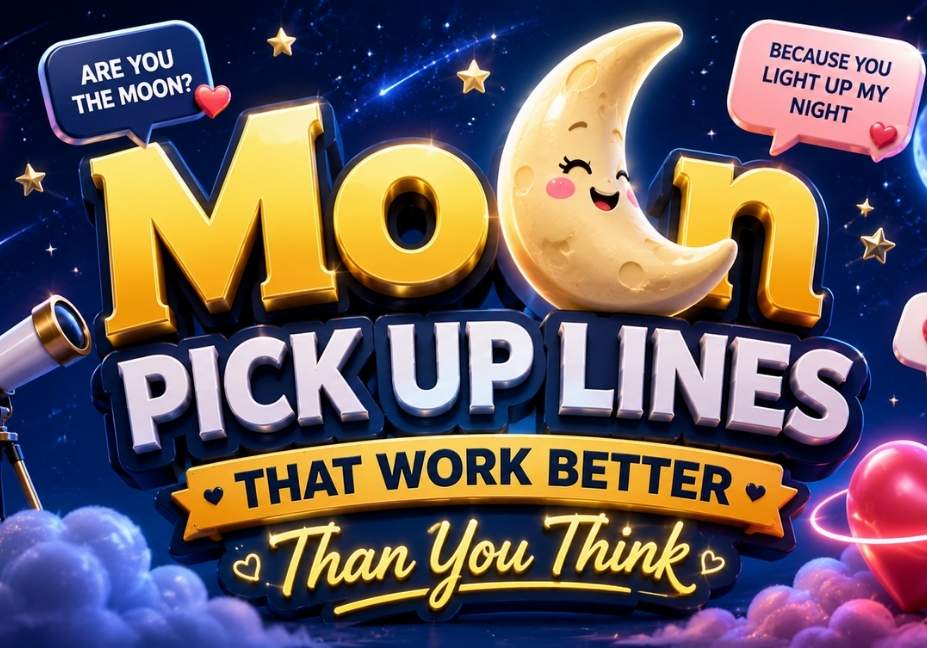 Moon Pick Up Lines That Work Better Than You Think featured image with glowing 3D text, crescent moon, stars, telescope, hearts, galaxy background, and romantic night sky elements in a vibrant 16:9 design.