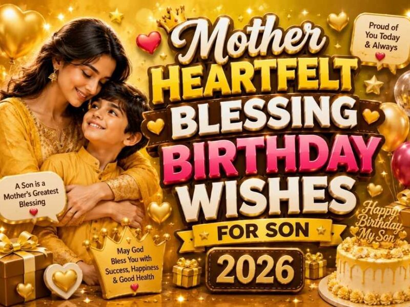 Mother Heartfelt Blessing Birthday Wishes for Son featured image with a loving mother hugging her son, golden birthday theme, 3D text, balloons, cake, gift boxes, hearts, and warm family celebration