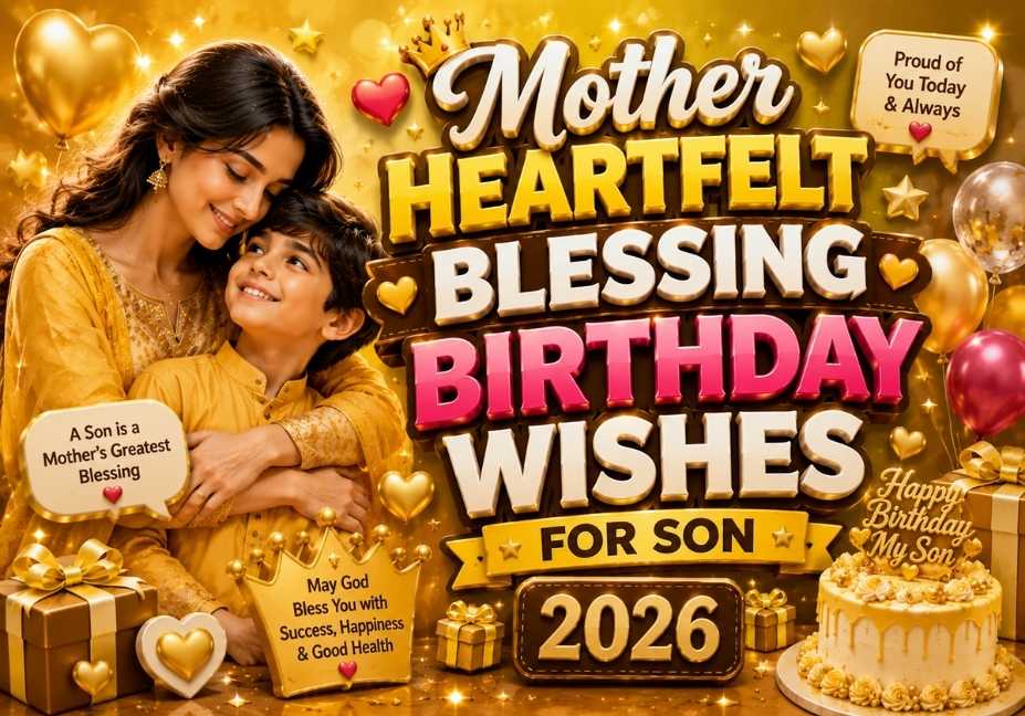 Mother Heartfelt Blessing Birthday Wishes for Son featured image with a loving mother hugging her son, golden birthday theme, 3D text, balloons, cake, gift boxes, hearts, and warm family celebration