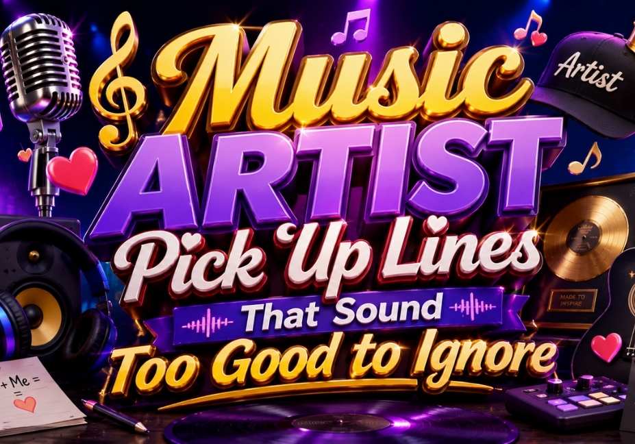 Music Artist Pick Up Lines That Sound Too Good to Ignore – Vibrant 3D music-themed illustration featuring bold typography, microphone, guitar, vinyl record, headphones, speaker, musical notes, gold record award, hearts, DJ controller, and concert stage lights in a colorful 16:9 banner design.