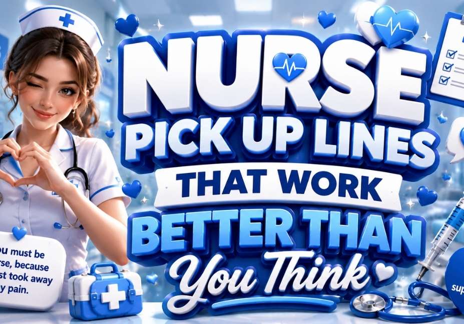 Nurse Pick Up Lines That Work Better Than You Think featured image with blue and white 3D text, smiling nurse, hospital background, stethoscope, syringe, first aid kit, clipboard, heart icons, and medical-themed elements in a 16:9 design.