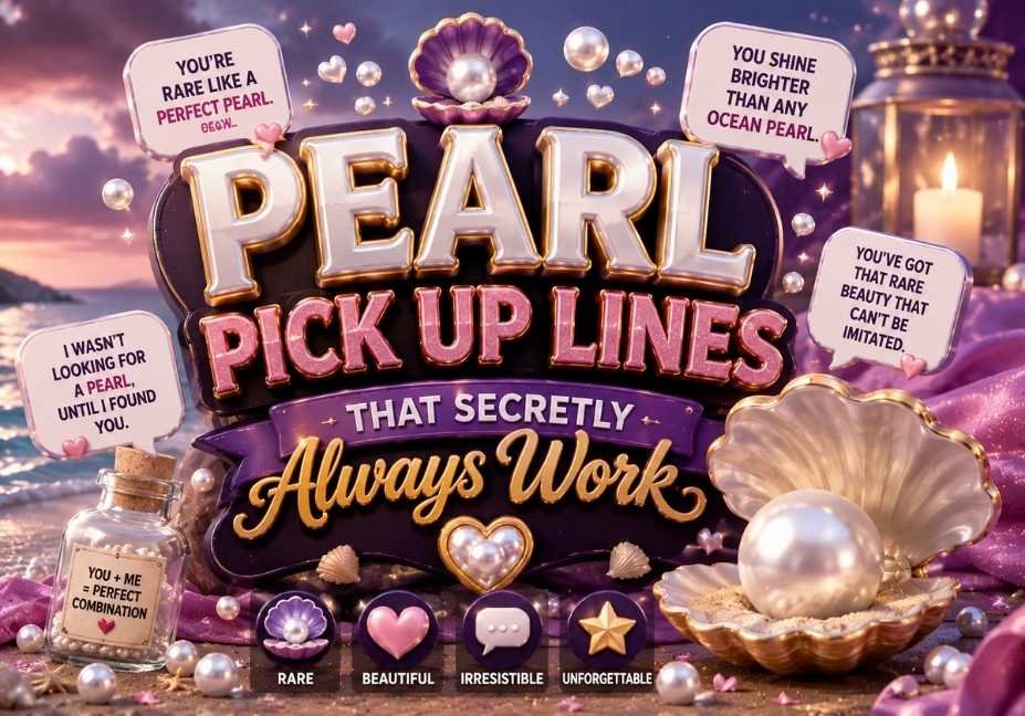 Pearl Pick Up Lines That Secretly Always Work featured image with elegant pearl-themed 3D text, white pearls, open seashell, ocean beach background, sparkling hearts, seashell icons, and luxurious blue and gold design in a professional 16:9 layout.