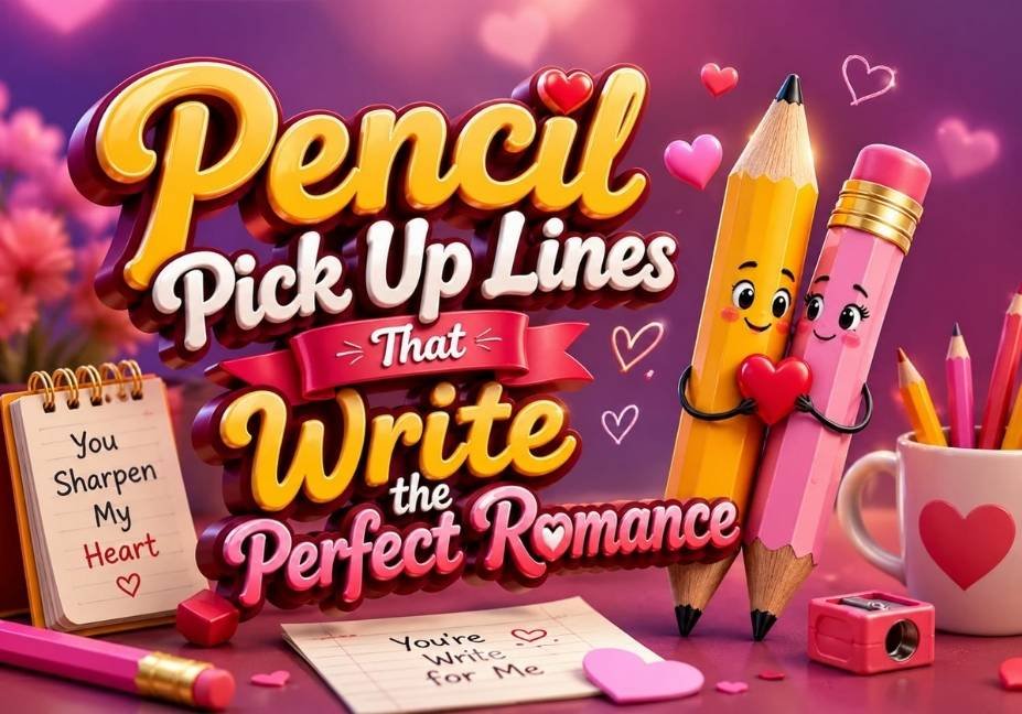 "3D illustrated thumbnail featuring romantic pencil pick up lines with colorful pencils, hearts, notebook, sharpener, and bold 3D text reading 'Pencil Pick Up Lines That Write the Perfect Romance' on a vibrant pink and purple background."