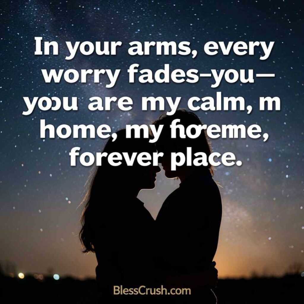 Perverted Pick Up Lines romantic quote — silhouette couple embracing under a starry night sky with 'you are my calm, my home' caption