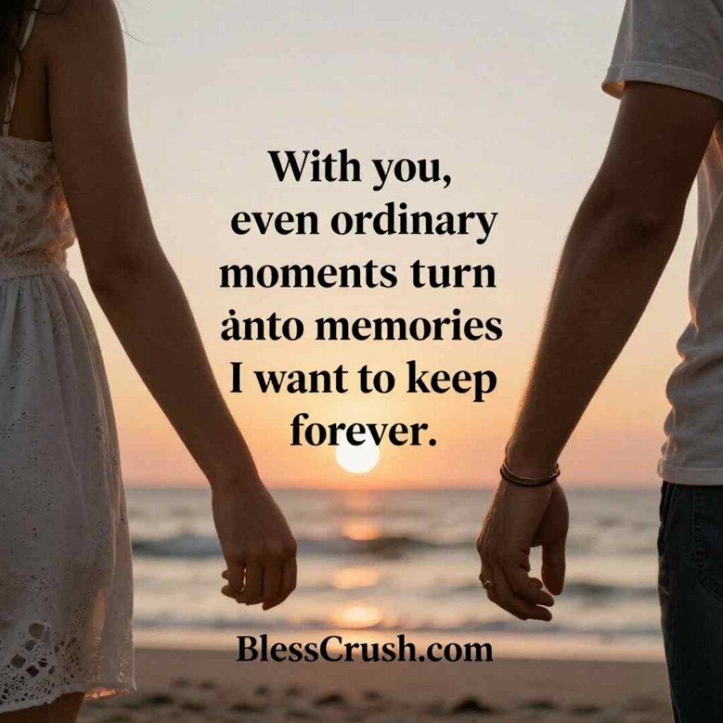 Perverted Pick Up Lines romantic quote — couple holding hands on the beach at sunset with 'ordinary moments turn into memories' text