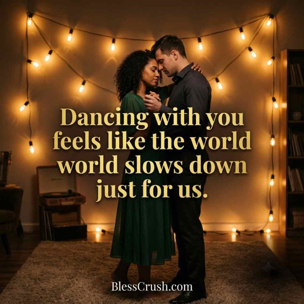 Perverted Pick Up Lines flirty quote image — couple slow dancing under string lights with 'dancing with you' caption