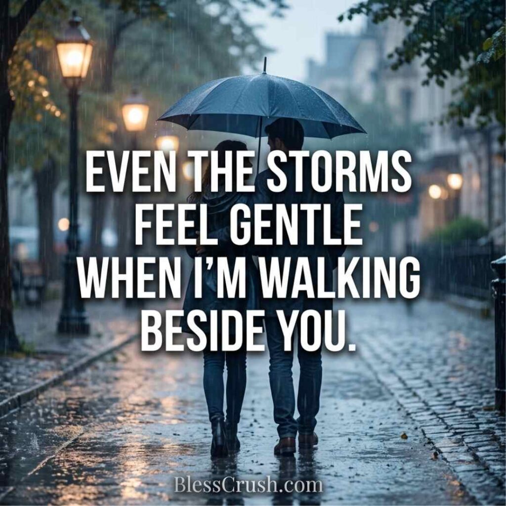 Perverted Pick Up Lines love quote — couple walking under an umbrella in the rain with 'even the storms feel gentle' text