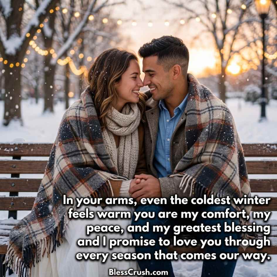 Pickup Lines for Girlfriend - couple wrapped in blanket on winter bench

