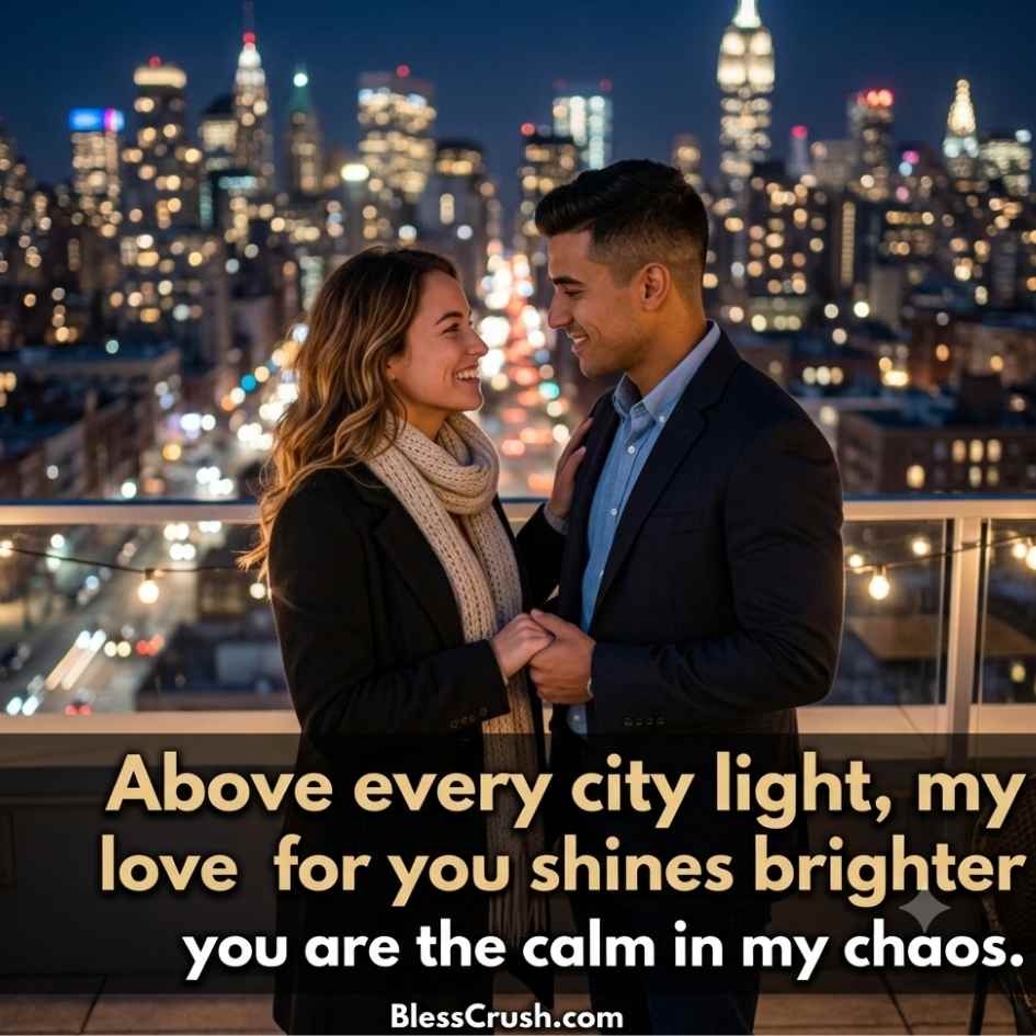 Pickup Lines for Girlfriend - romantic couple on rooftop with city skyline at night
